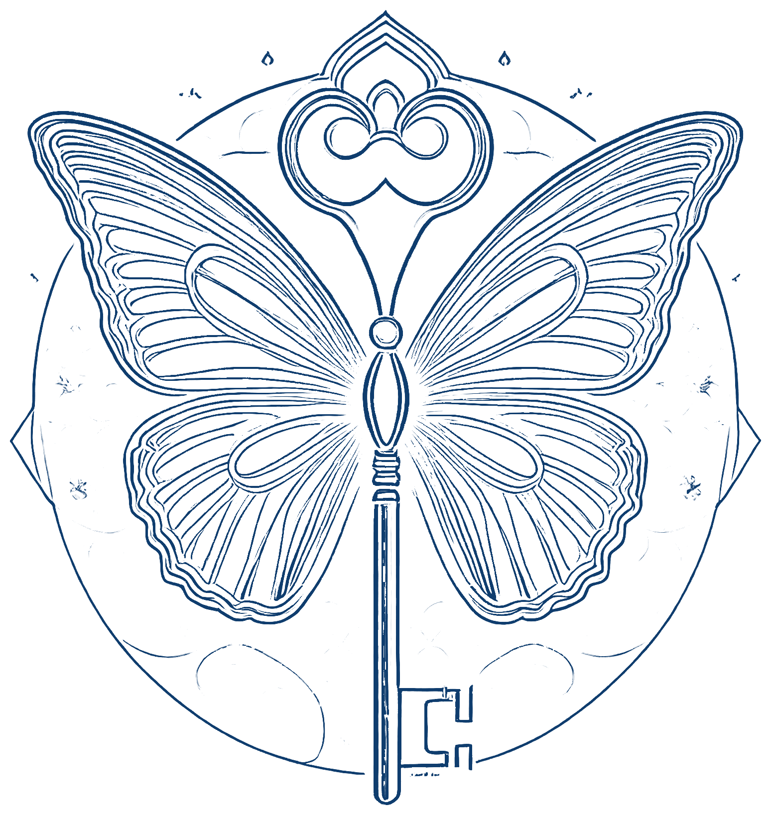 A butterfly-key emblem in sapphire blue line art, Marion's personal mark